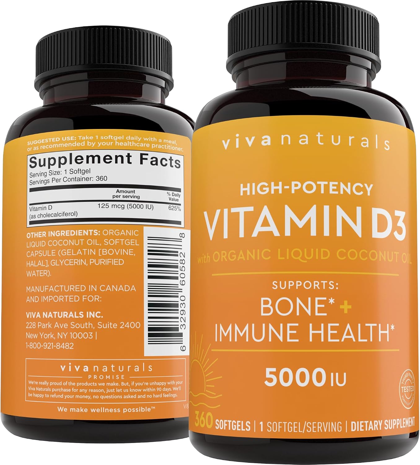 Viva Naturals Vitamin D3 125 mcg (5,000 IU) – 360 Softgels